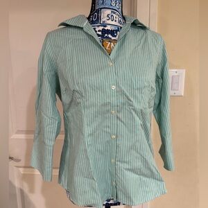 Lands End Green Striped Button-Up Shirt